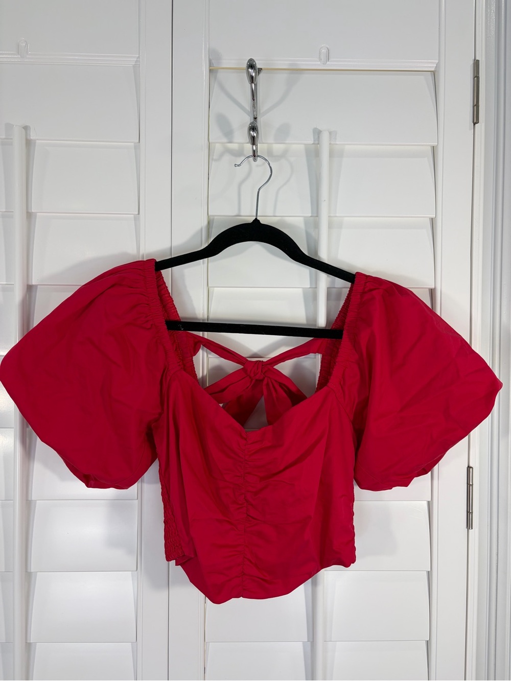 Red Puff Sleeve Tie-Back Crop Top (S)